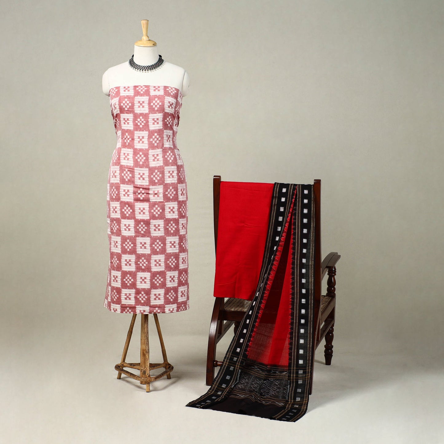 Red 3pc Handloom Cotton Sambalpuri Ikat Dress Material