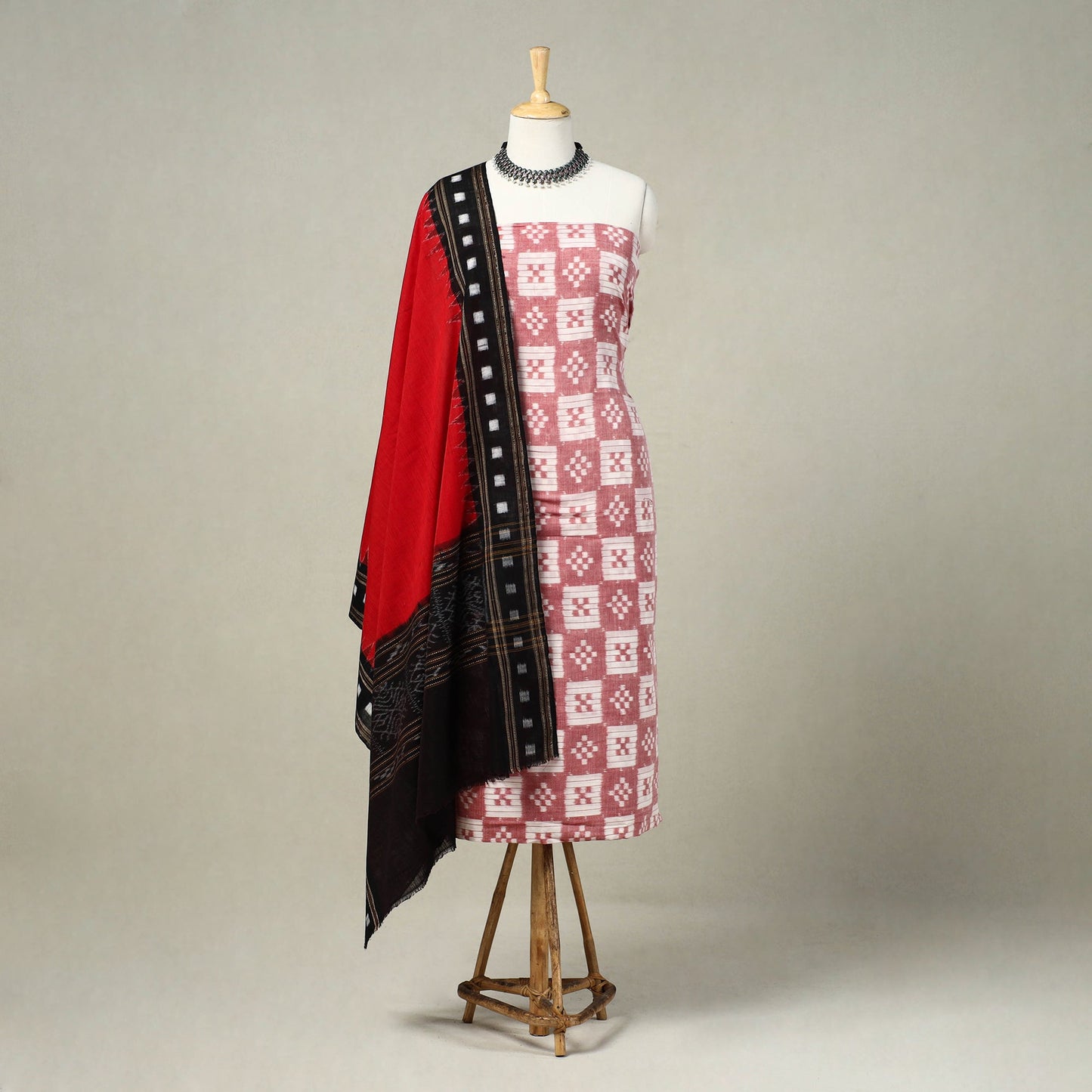 Red 3pc Handloom Cotton Sambalpuri Ikat Dress Material