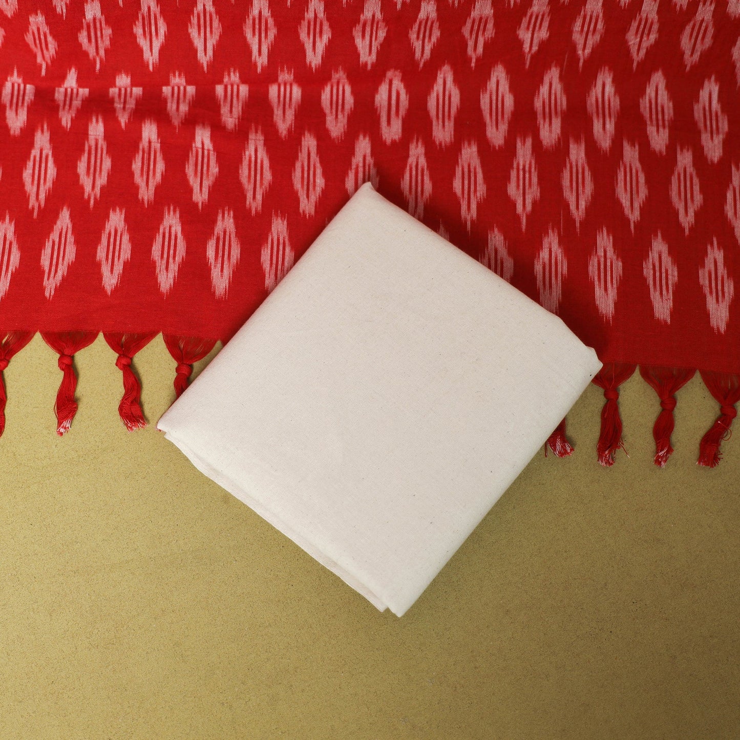 Red - 3pc handloom cotton unstitched pochampally ikat dress