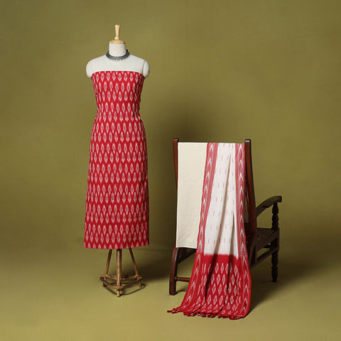 Red - 3pc handloom cotton unstitched pochampally ikat dress