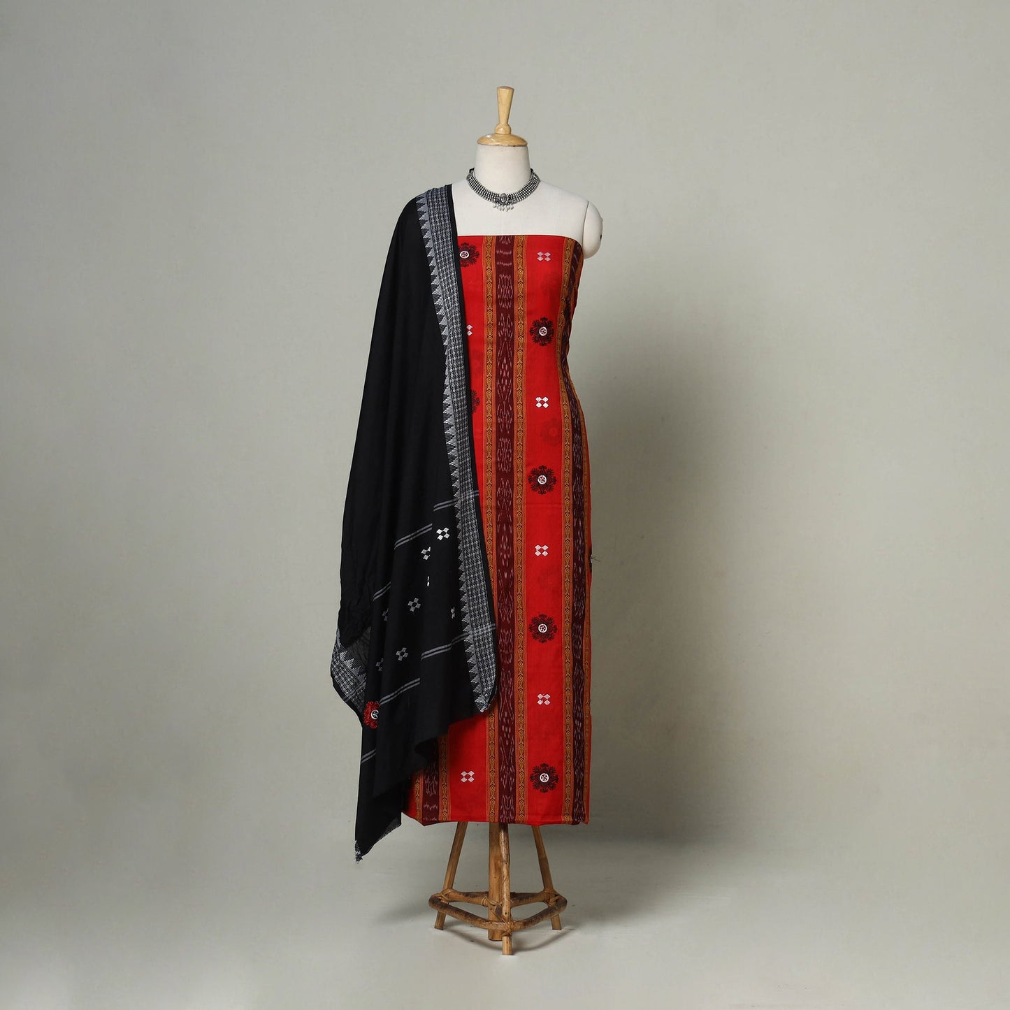 Red - 3pc handloom cotton unstitched sambalpuri dress