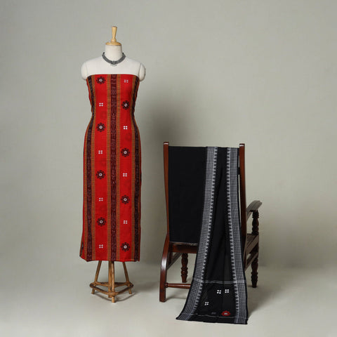 Red - 3pc handloom cotton unstitched sambalpuri dress