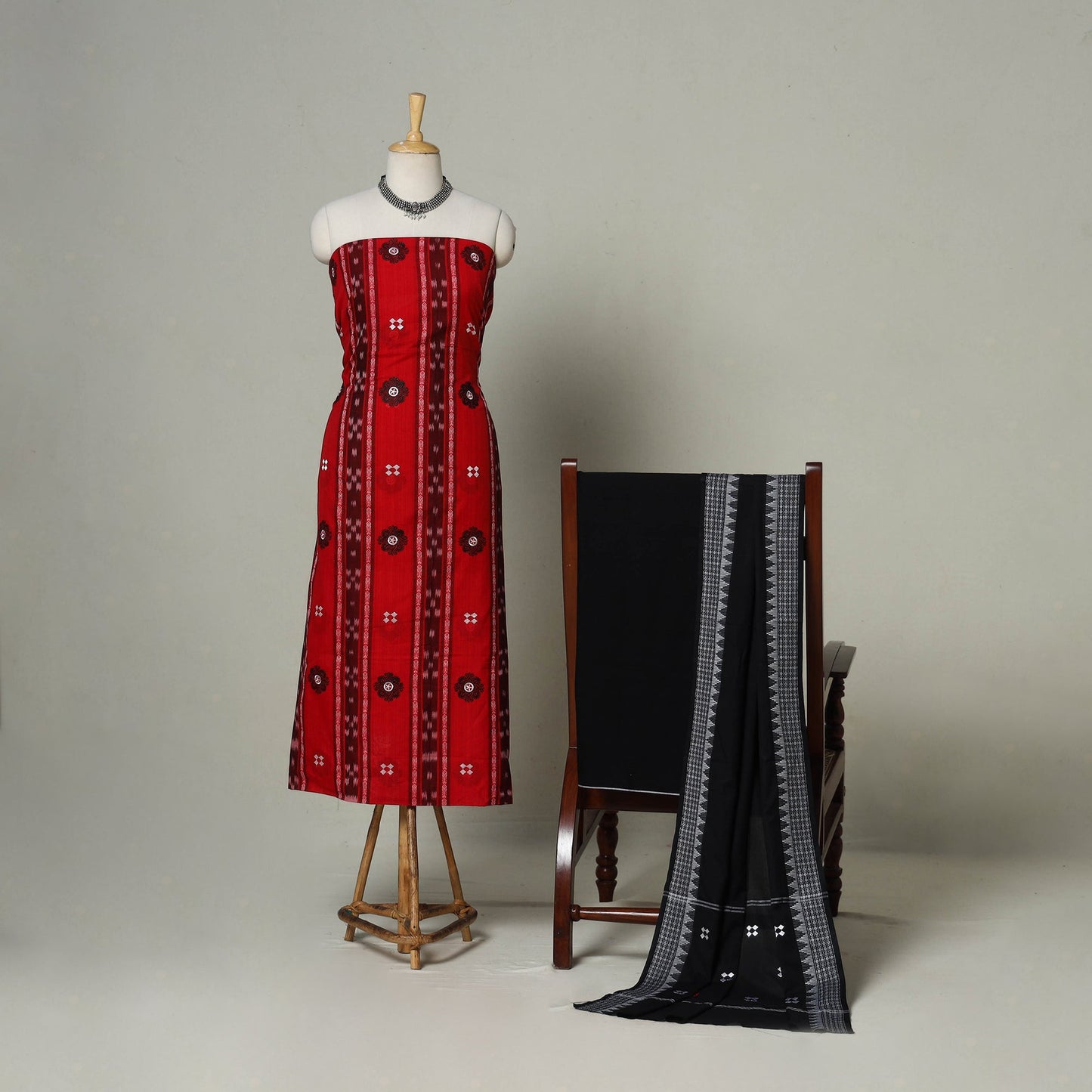 Red - 3pc handloom cotton unstitched sambalpuri dress