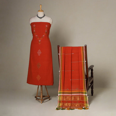 Red - 3pc handloom kala cotton unstitched kutch bhujodi