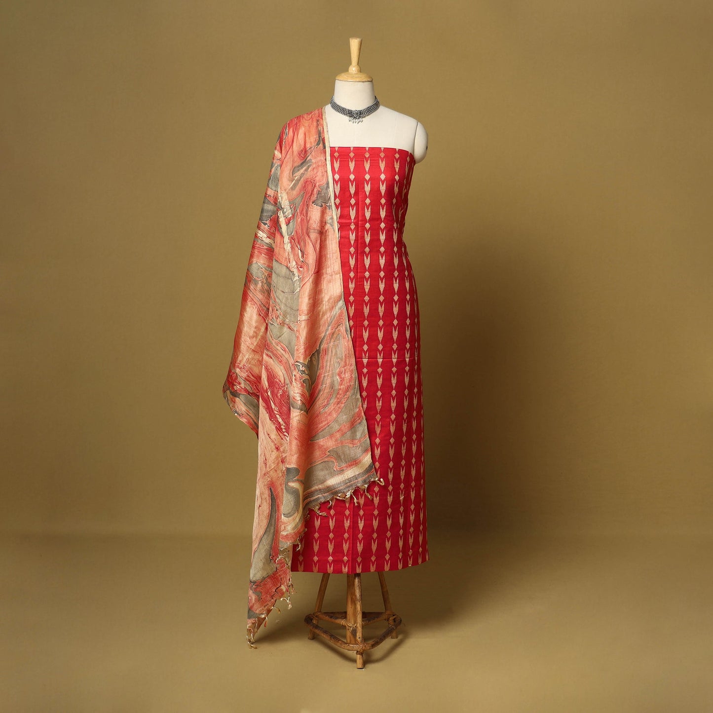 Red - 3pc handloom mulberry unstitched suit material set