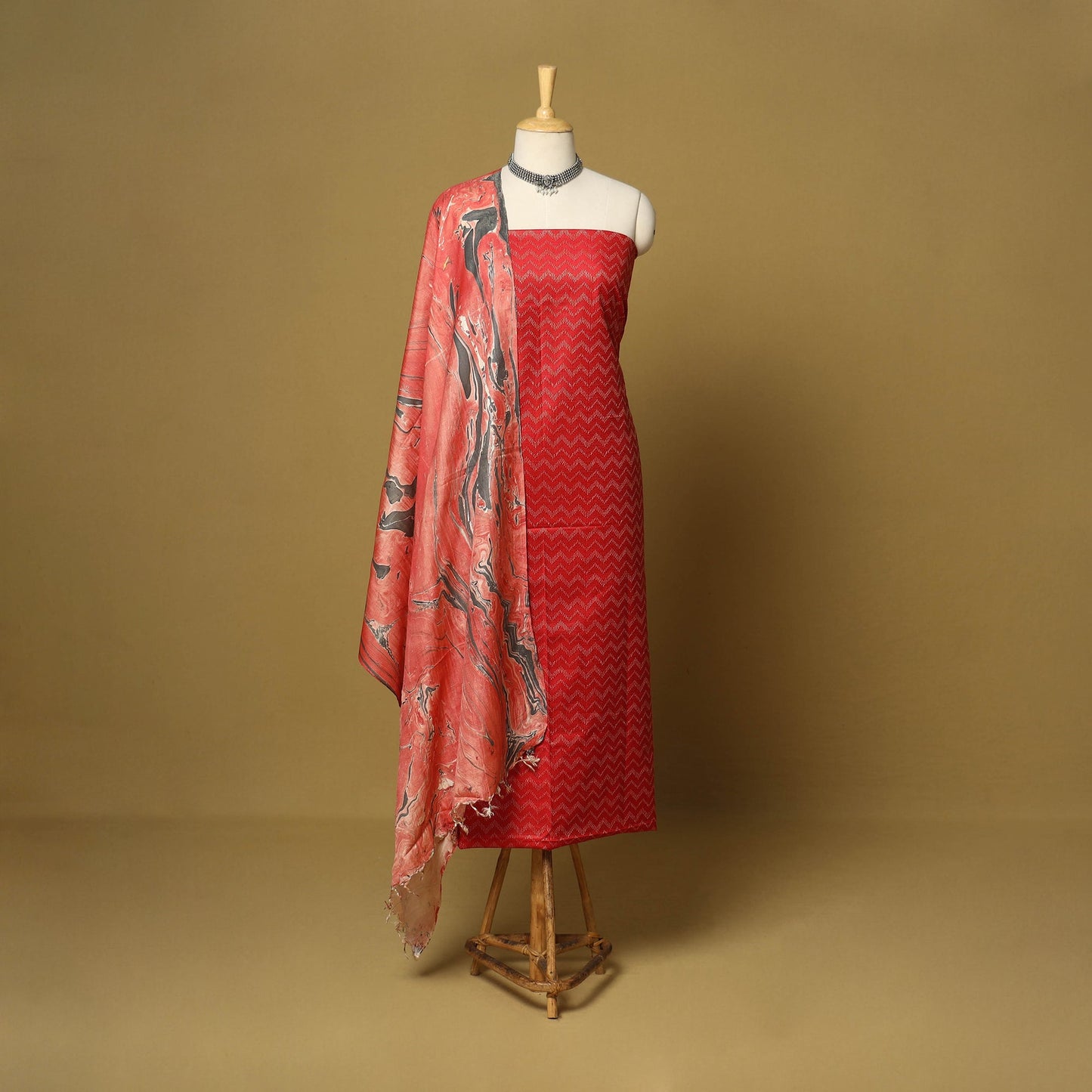 Red - 3pc handloom mulberry unstitched suit material set