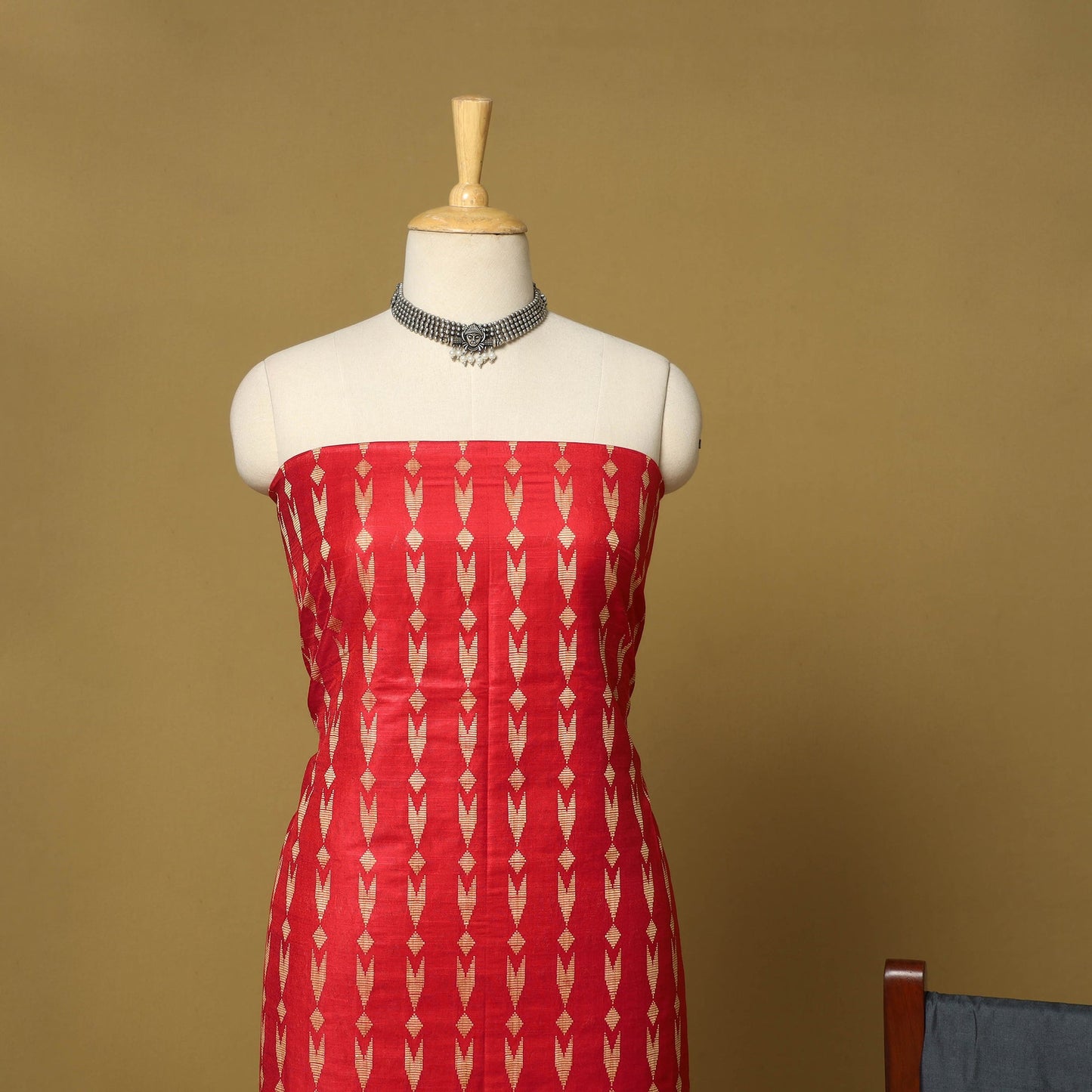 Red - 3pc handloom mulberry unstitched suit material set