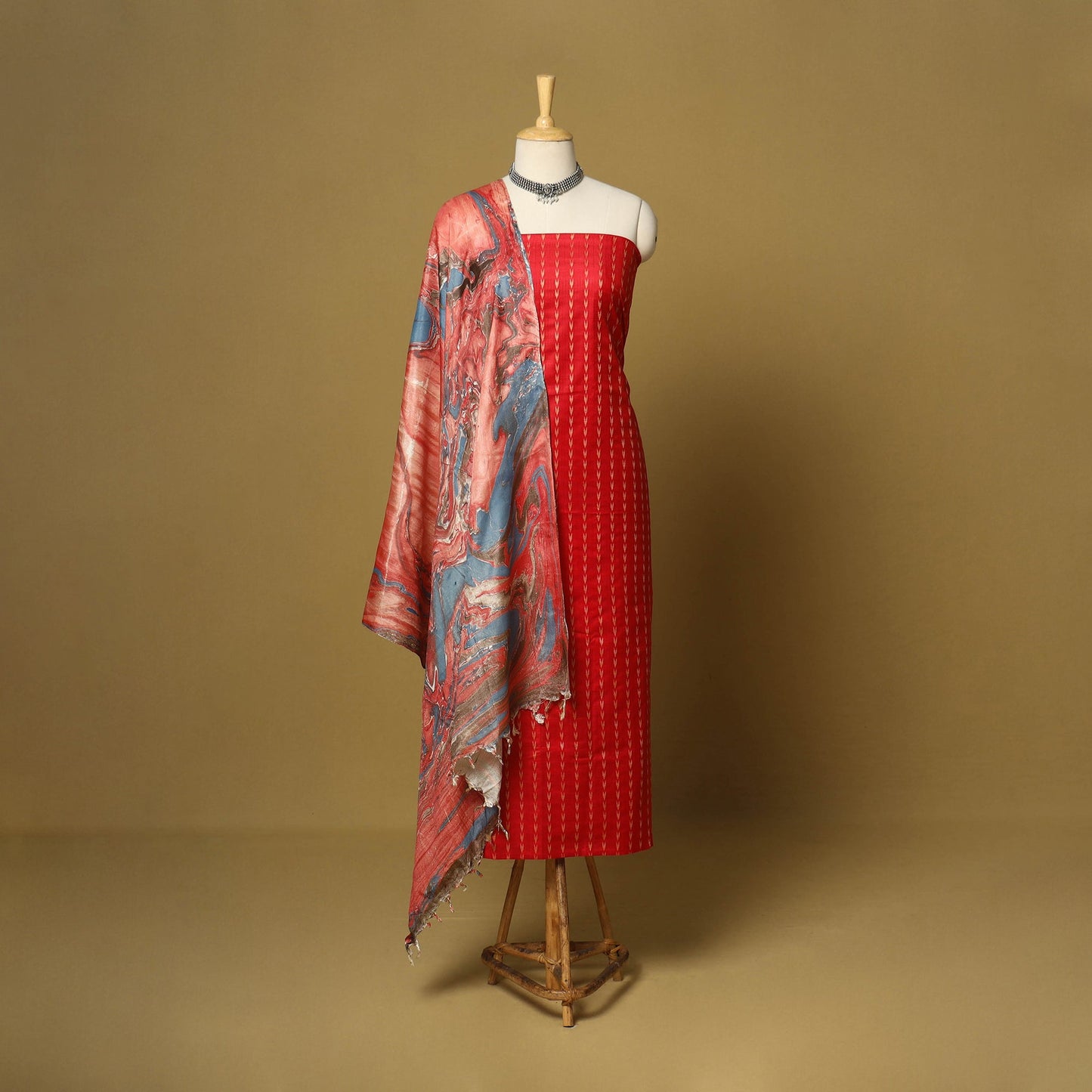 Red - 3pc handloom mulberry unstitched suit material set