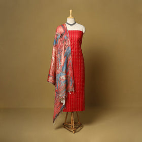 Red - 3pc handloom mulberry unstitched suit material set