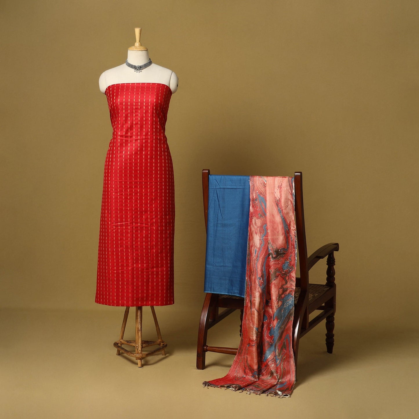 Red - 3pc handloom mulberry unstitched suit material set