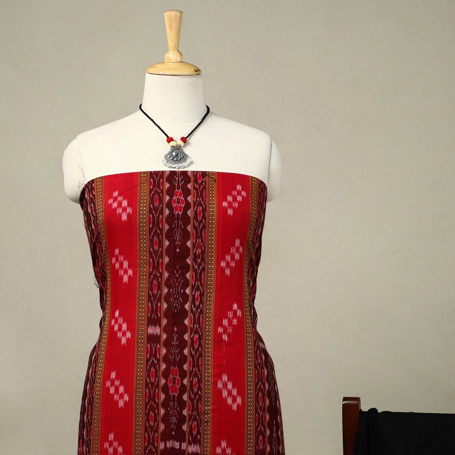 Red 3pc Handloom Sambalpuri Dress Material with Jewellery Set