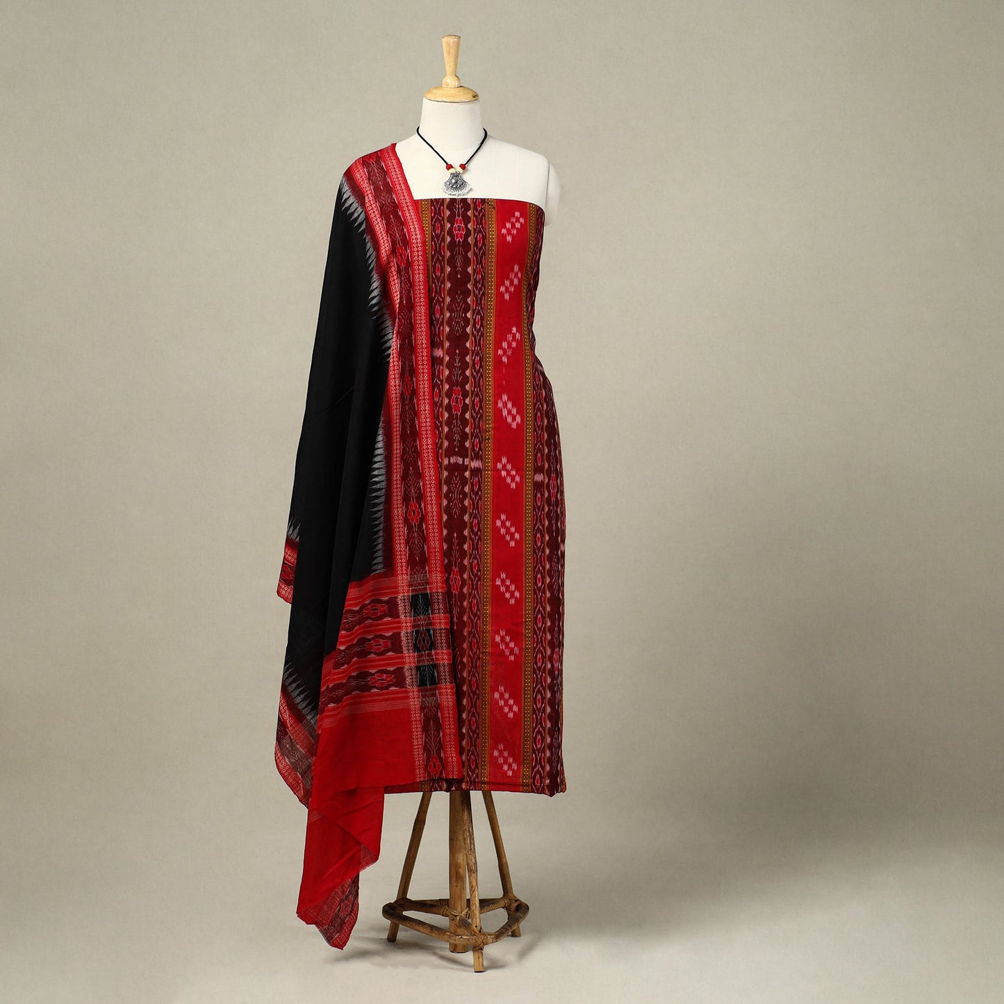 Red 3pc Handloom Sambalpuri Dress Material with Jewellery Set