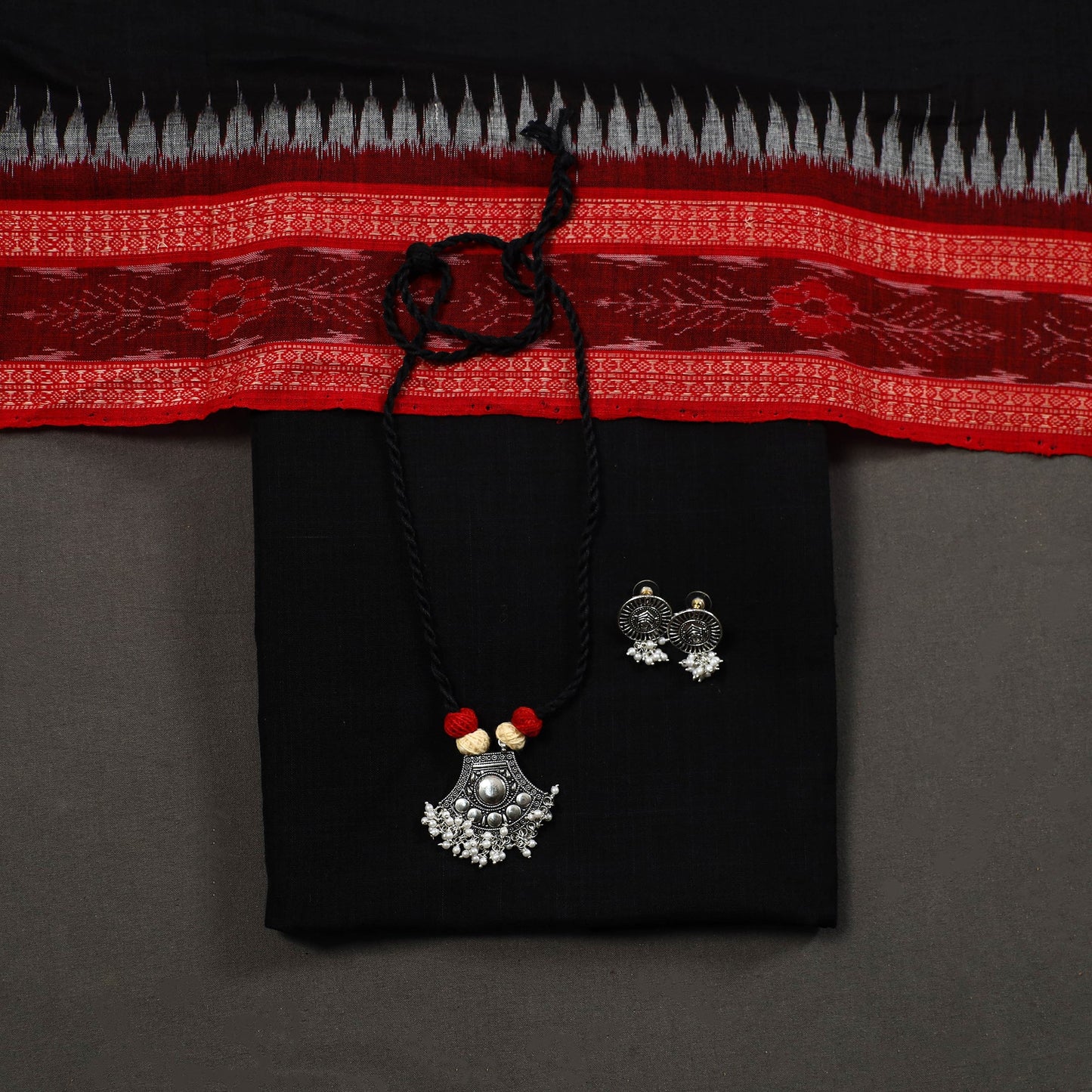 Red 3pc Handloom Sambalpuri Dress Material with Jewellery Set