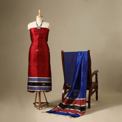 Red 3pc Handloom Tussar Silk Bhagalpuri Dress Material