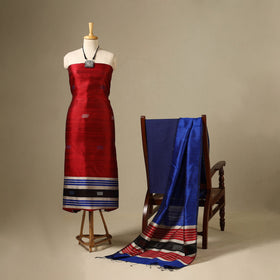 Red 3pc Handloom Tussar Silk Bhagalpuri Dress Material