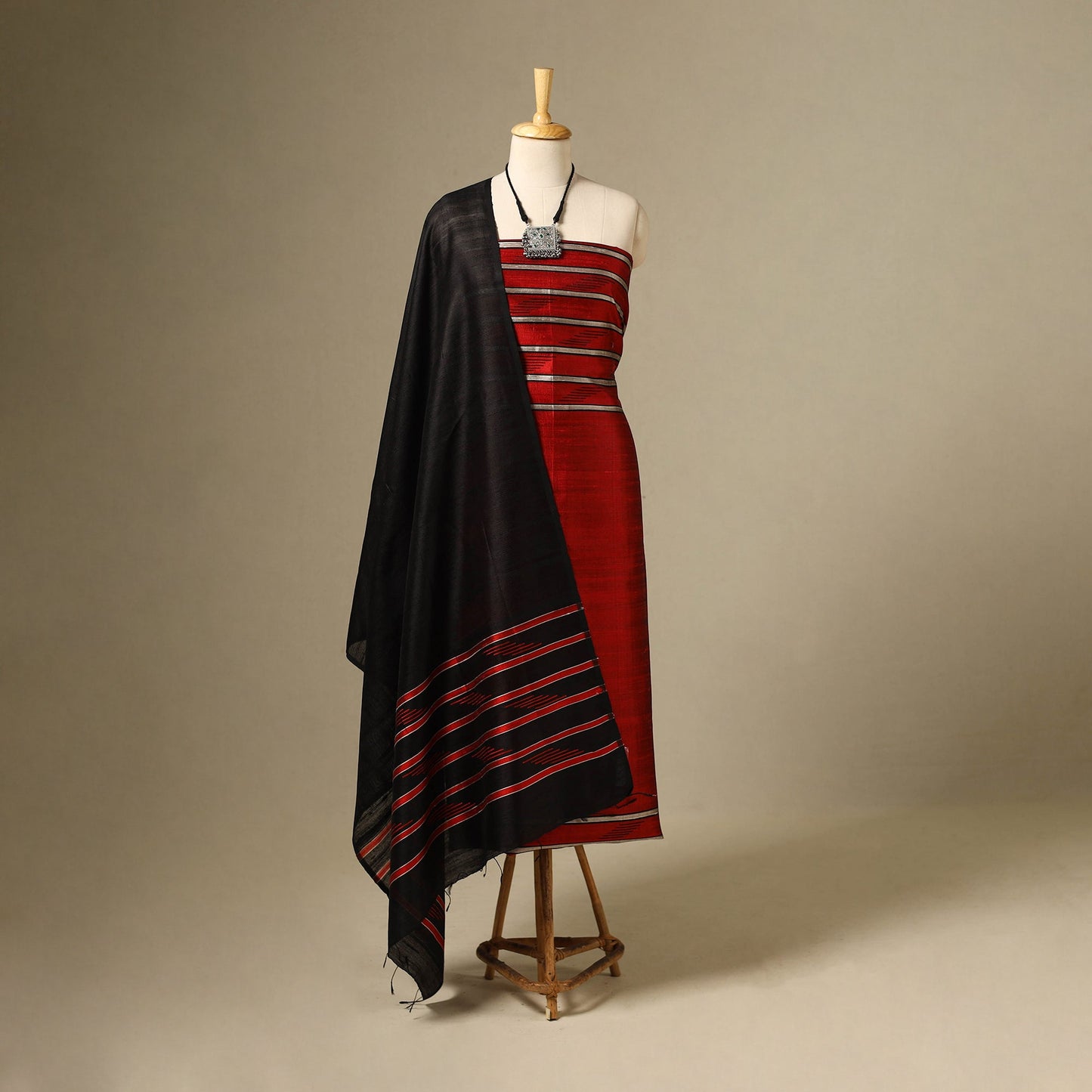 Red 3pc Handloom Tussar Silk Bhagalpuri Dress Material