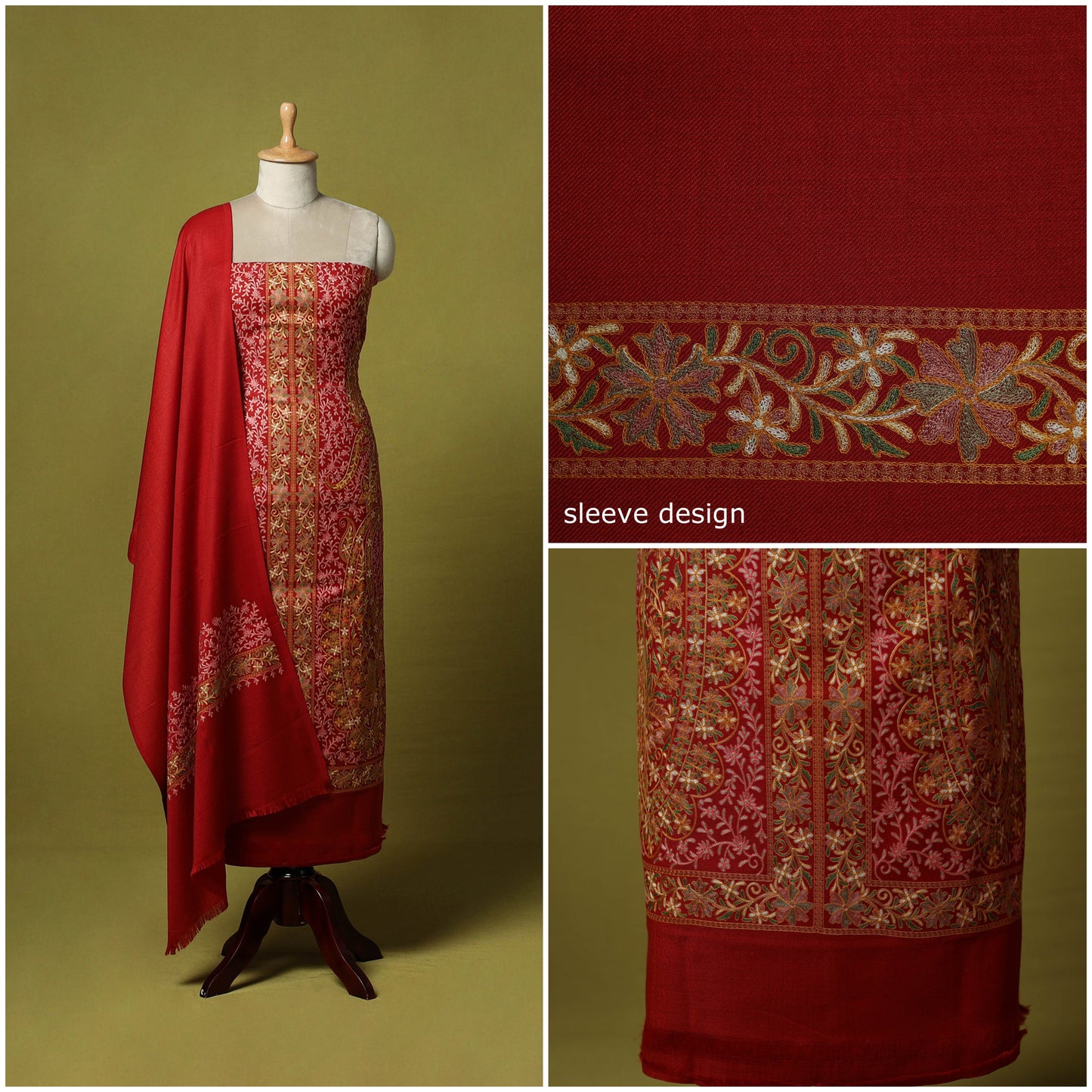 Red - 3pc heavy chain stitch embroidered merino wool