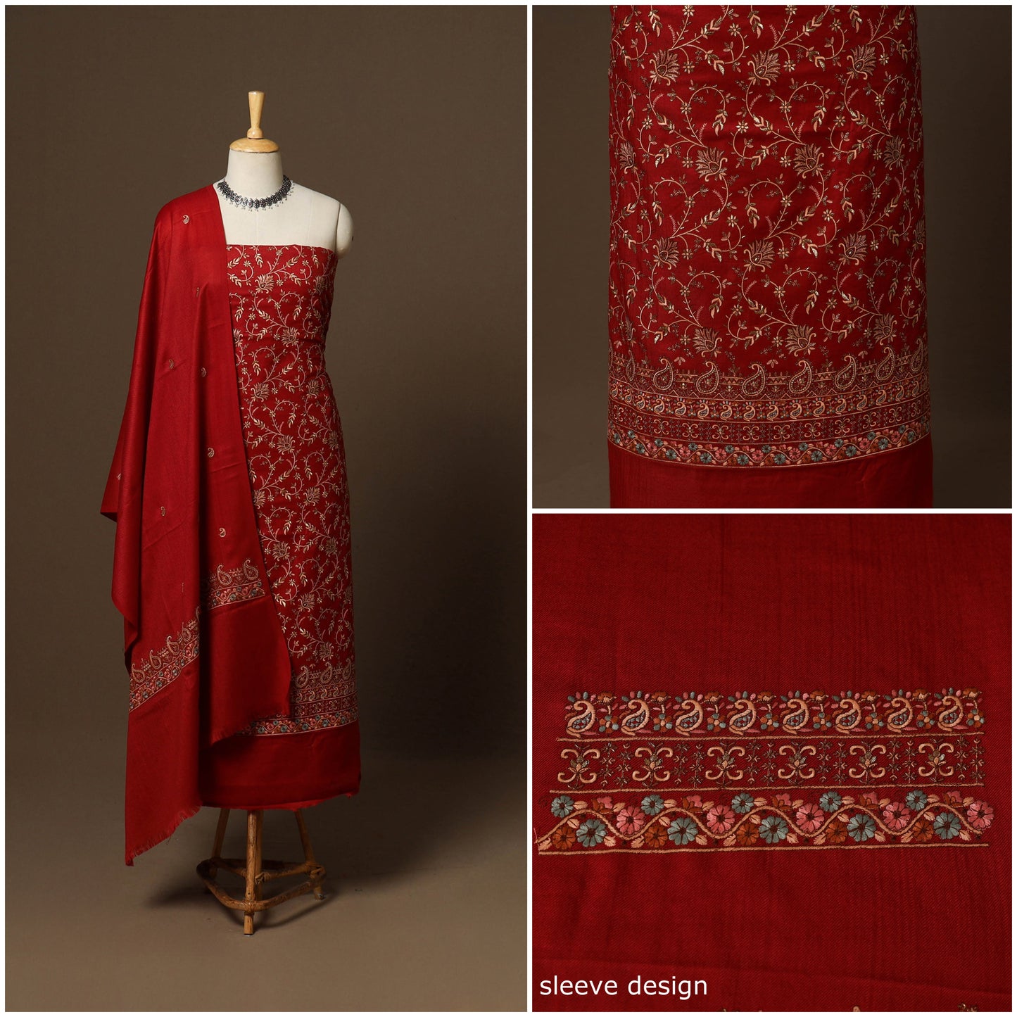 Red - 3pc heavy hand embroidered work merino wool