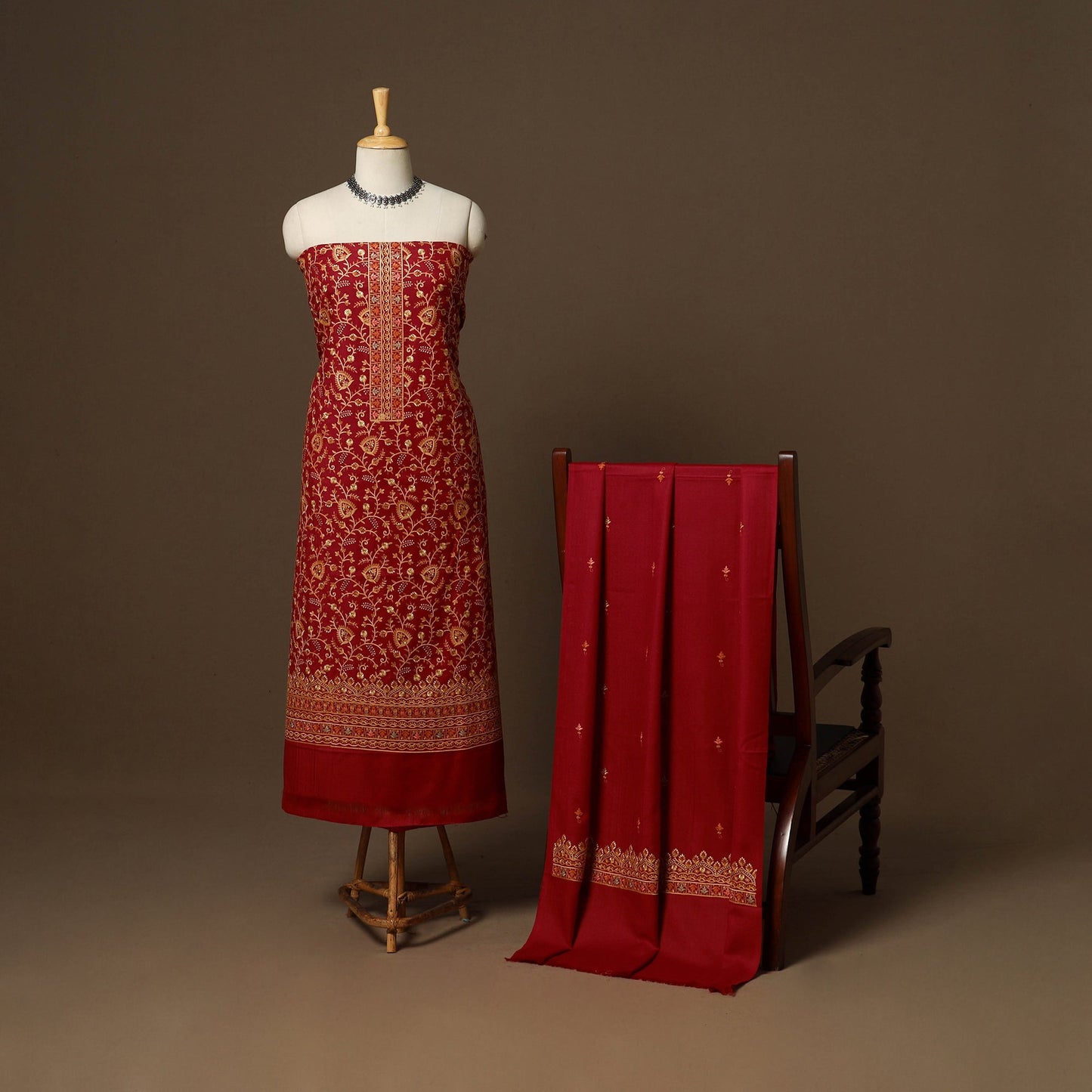 Red - 3pc heavy hand embroidered work merino wool