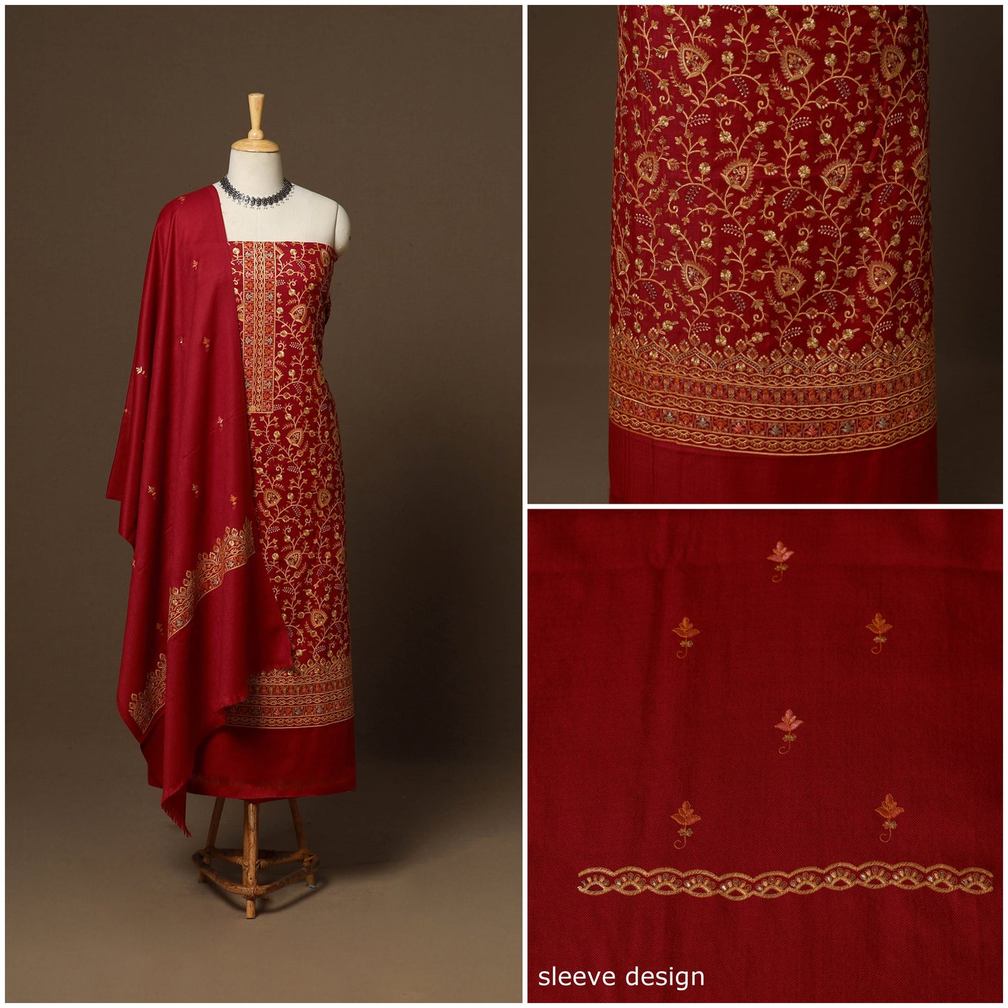 Red - 3pc heavy hand embroidered work merino wool