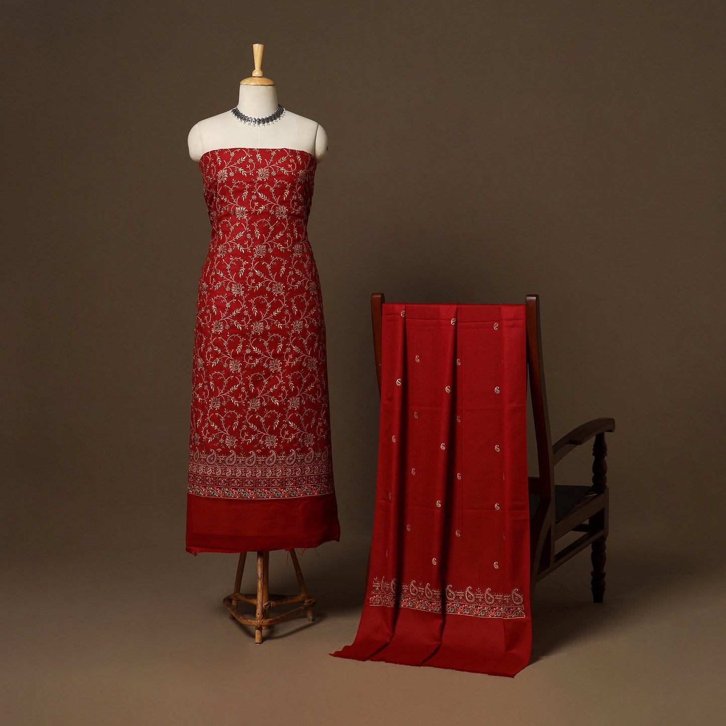 Red - 3pc heavy hand embroidered work merino wool