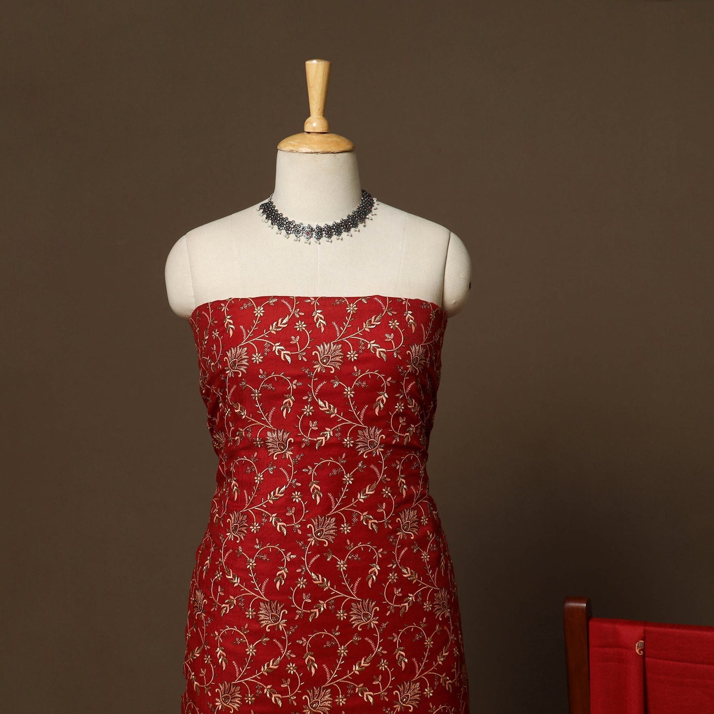 Red - 3pc heavy hand embroidered work merino wool