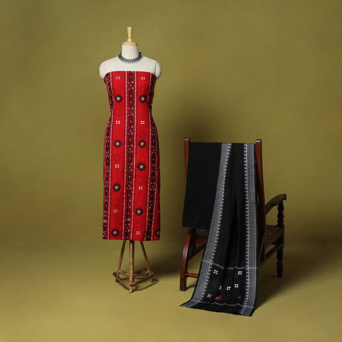 Red - 3pc ikat handloom cotton unstitched sambalpuri dress