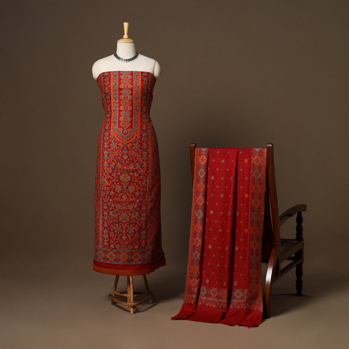 Red - 3pc jacquard weave merino wool unstitched dress