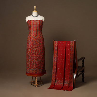 Red - 3pc jacquard weave merino wool unstitched dress