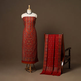 Red - 3pc jacquard weave merino wool unstitched dress