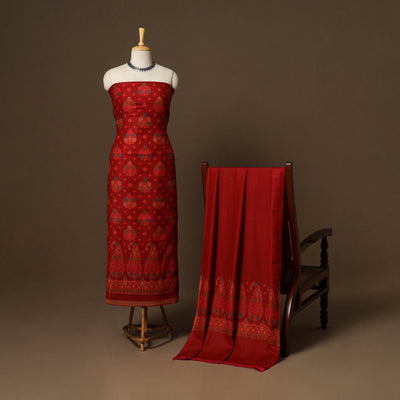 Red - 3pc jacquard weave merino wool unstitched dress