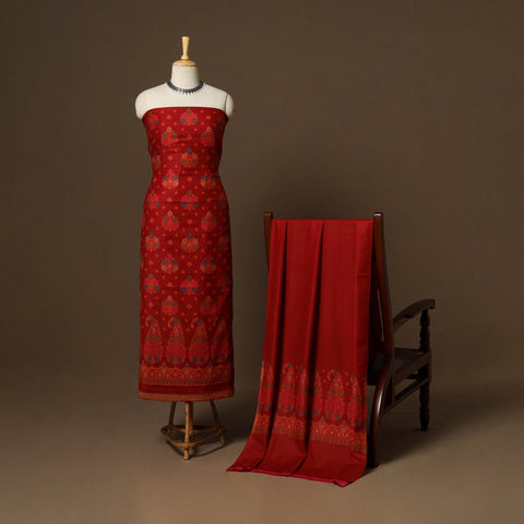 Red - 3pc jacquard weave merino wool unstitched dress