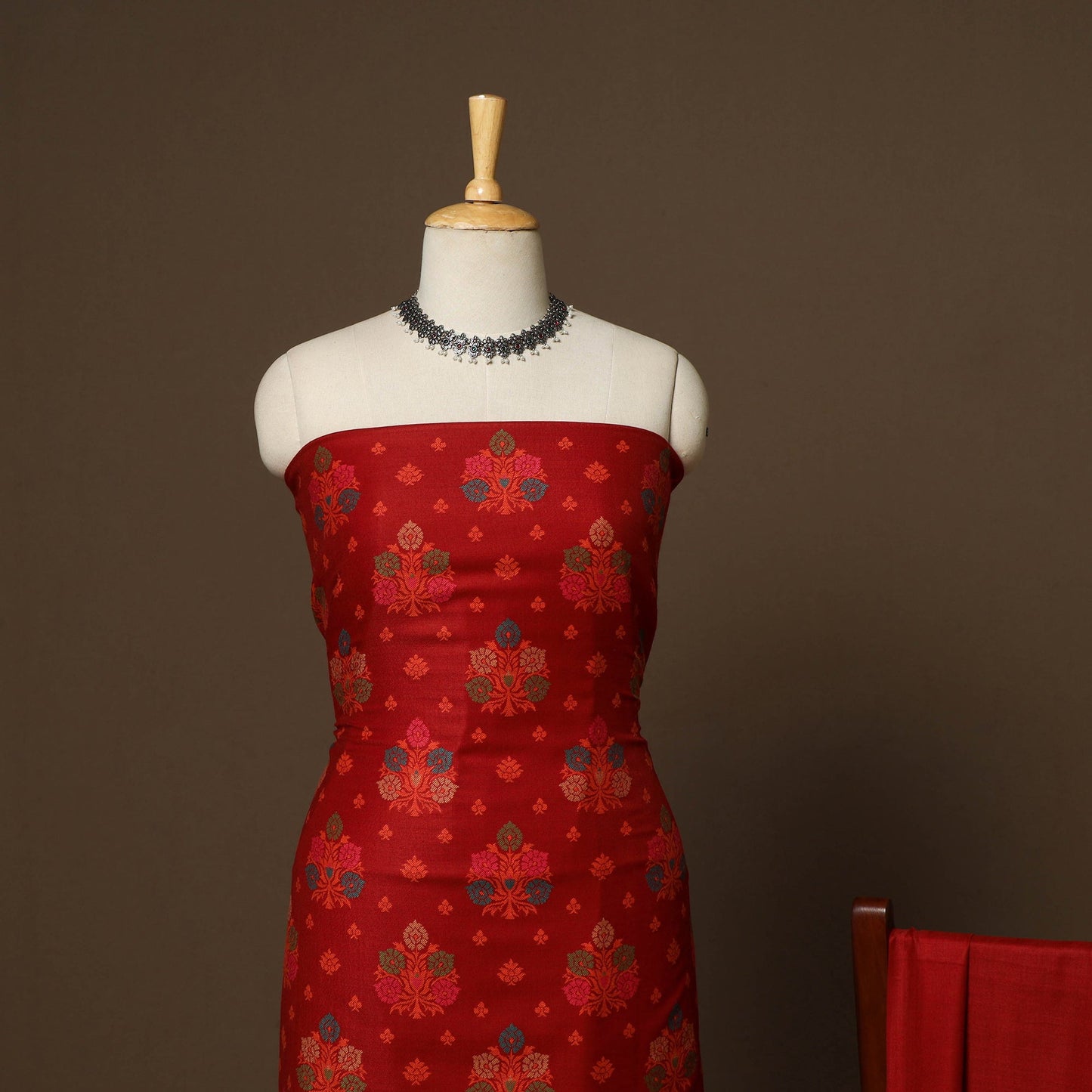 Red - 3pc jacquard weave merino wool unstitched dress