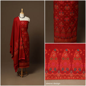 Red - 3pc jacquard weave merino wool unstitched dress