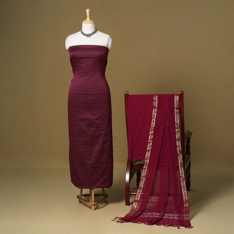 Red - 3pc karnataka weave cotton unstitched khun dress