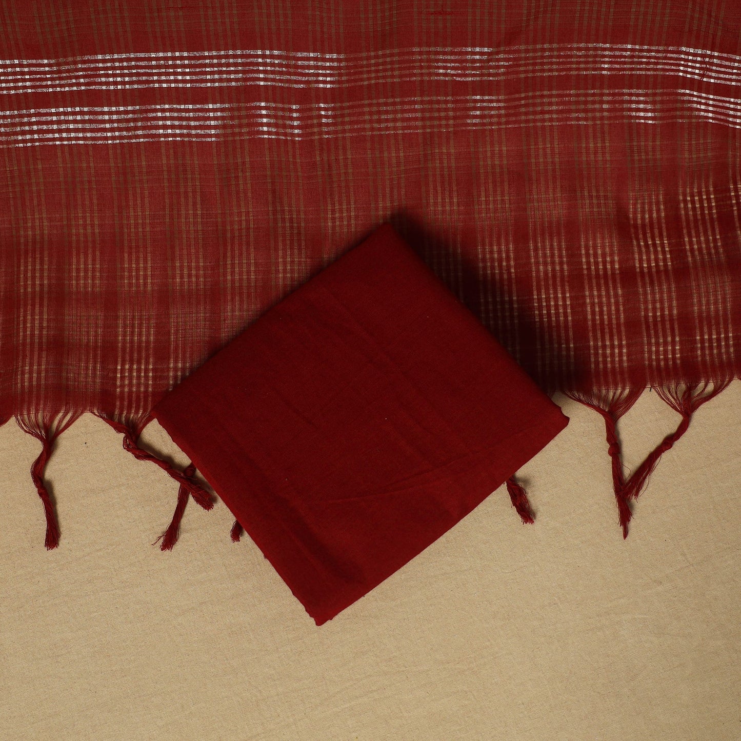 Red - 3pc karnataka weave cotton unstitched khun dress