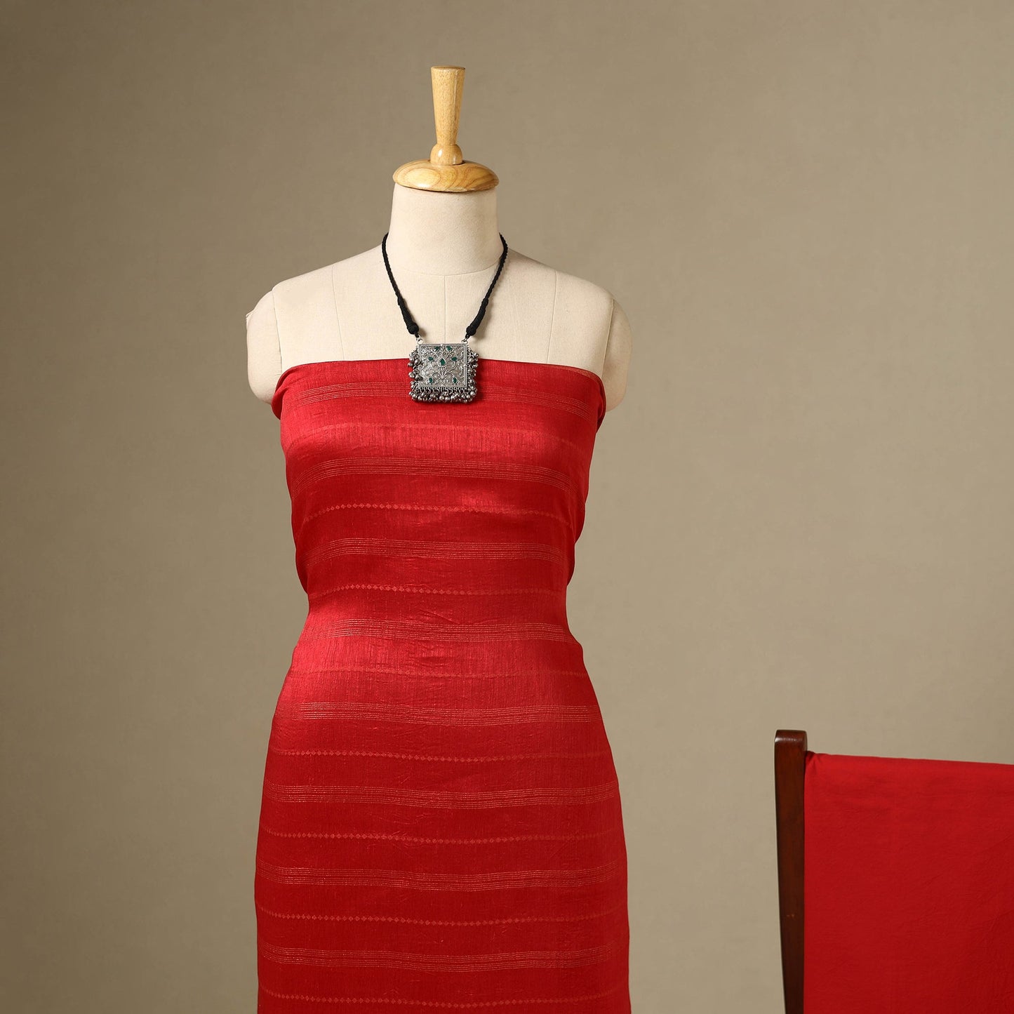 Red 3pc Linen Silk Handloom Plain Dress Material