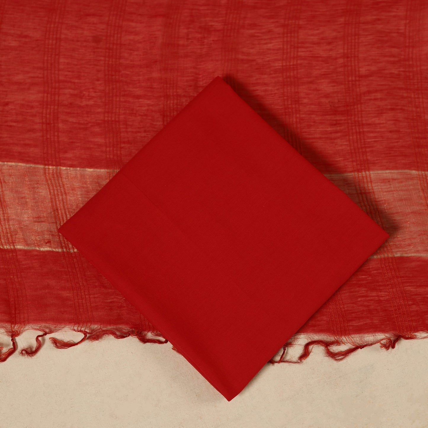 Red 3pc Linen Silk Handloom Plain Dress Material