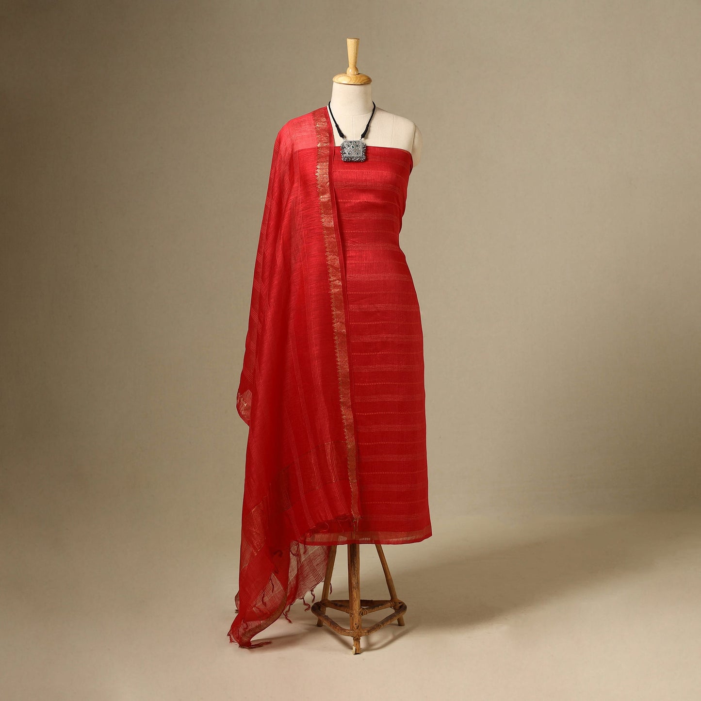 Red 3pc Linen Silk Handloom Plain Dress Material