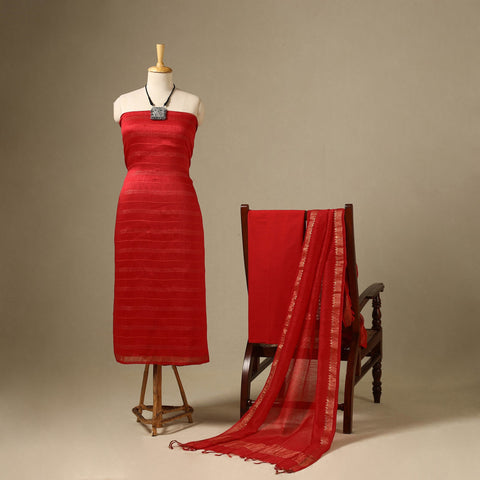 Red 3pc Linen Silk Handloom Plain Dress Material