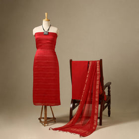 Red 3pc Linen Silk Handloom Plain Dress Material