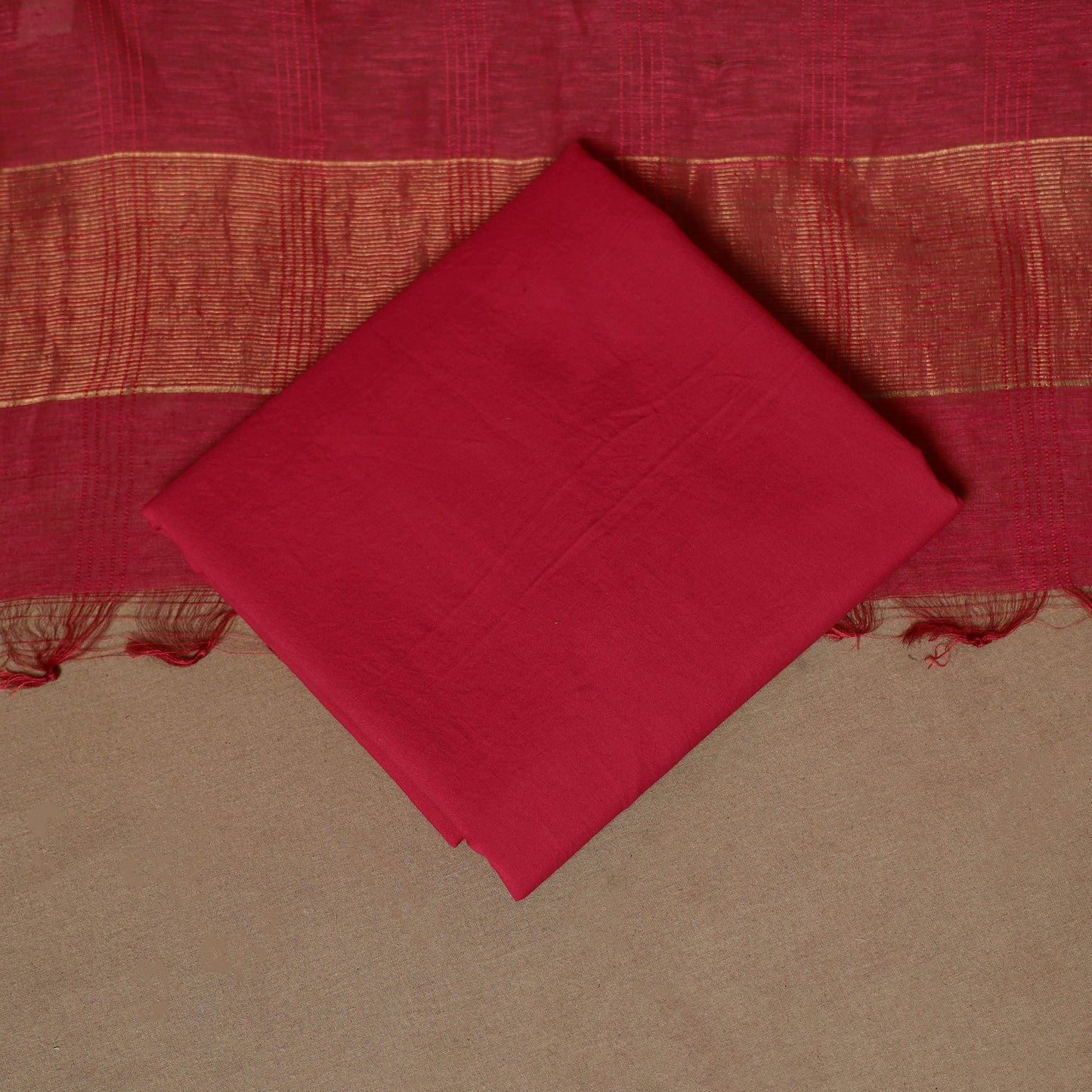 Red - 3pc linen silk handloom unstitched plain dress