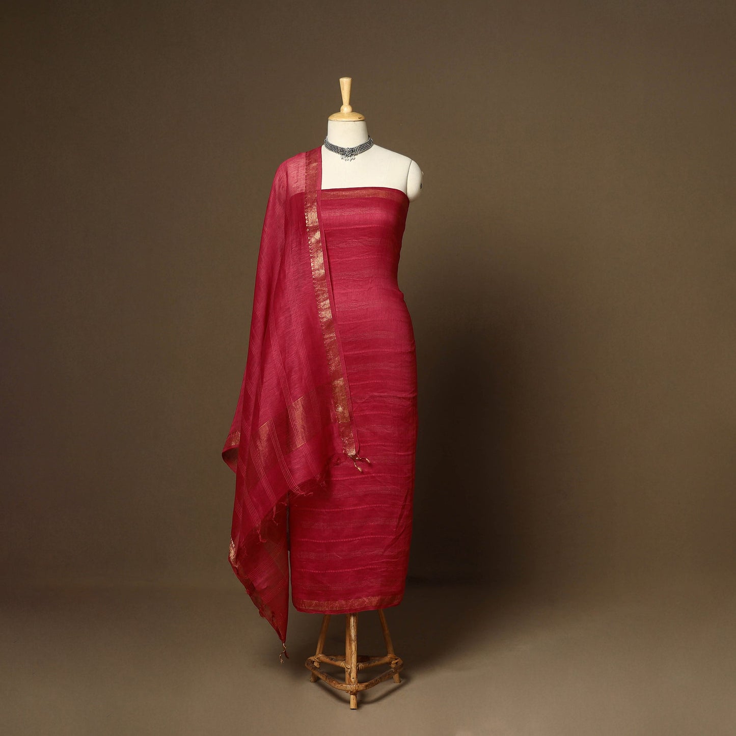 Red - 3pc linen silk handloom unstitched plain dress