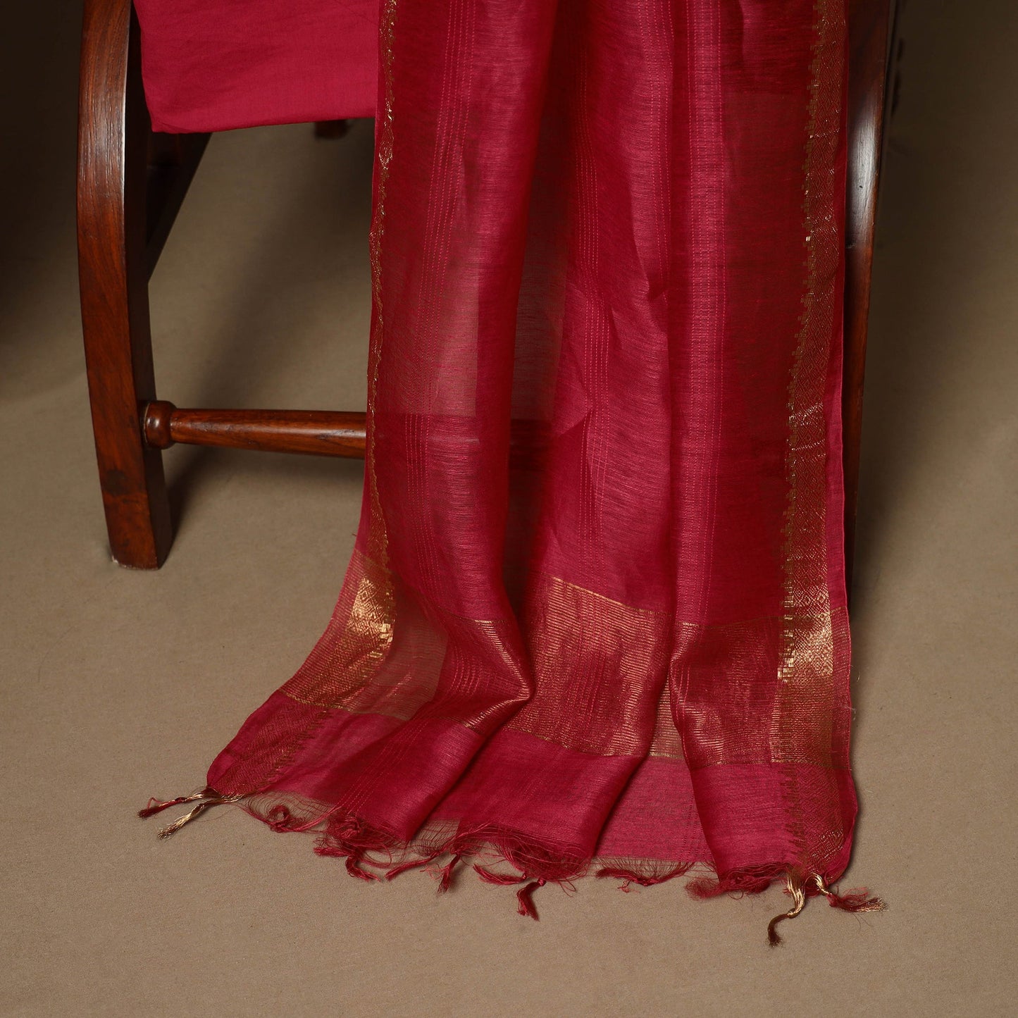Red - 3pc linen silk handloom unstitched plain dress