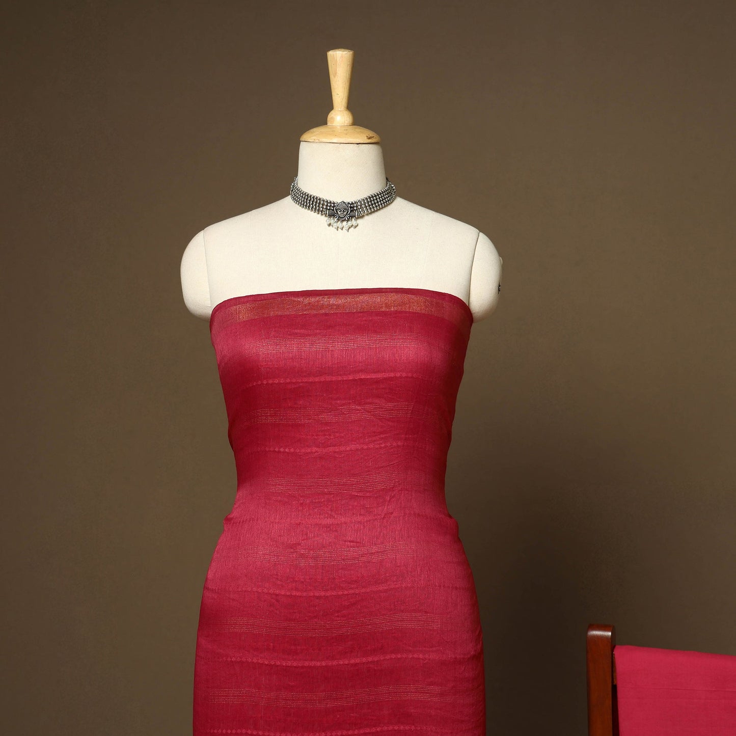 Red - 3pc linen silk handloom unstitched plain dress