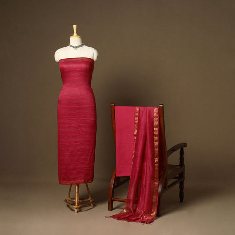 Red - 3pc linen silk handloom unstitched plain dress