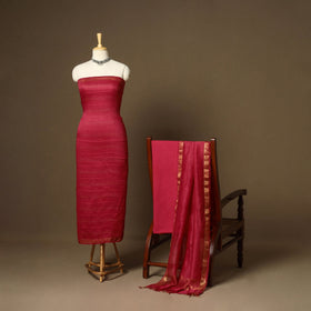 Red - 3pc linen silk handloom unstitched plain dress