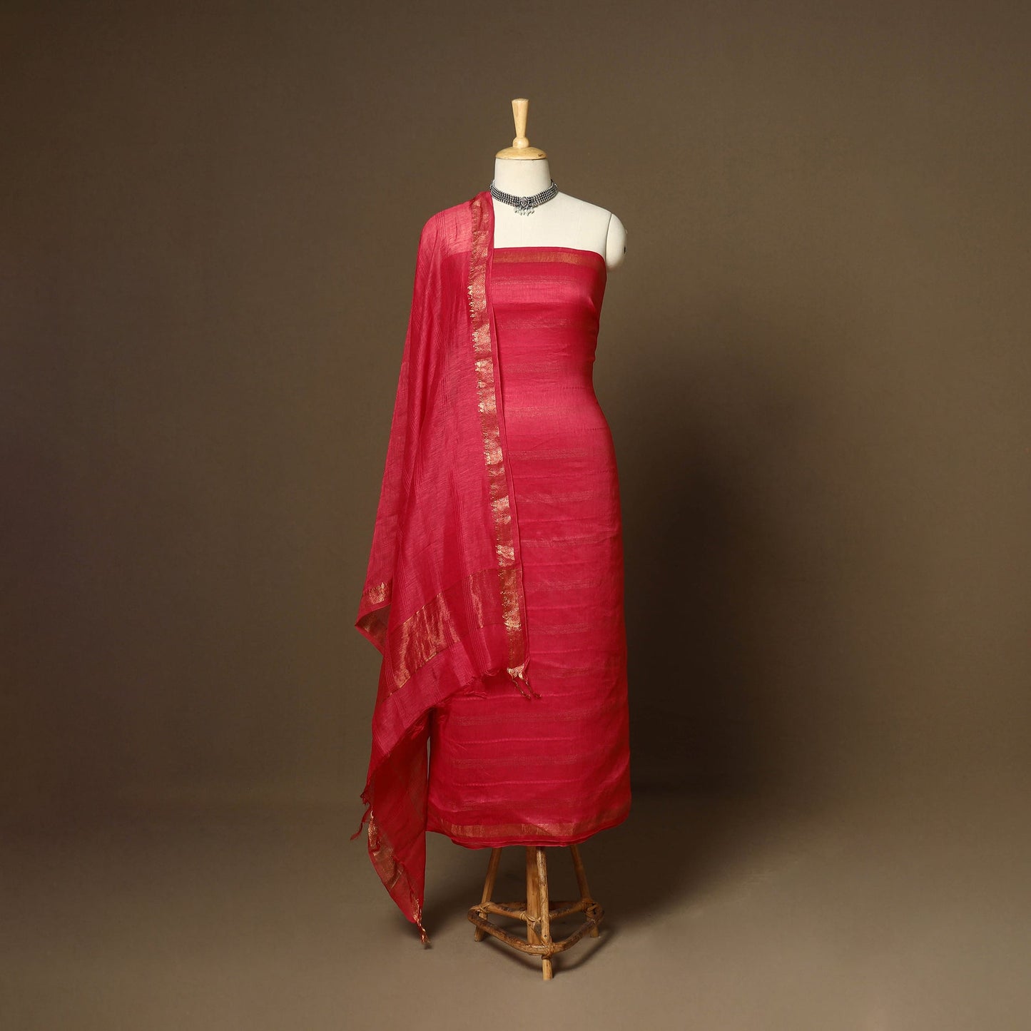 Red - 3pc linen silk handloom unstitched plain dress