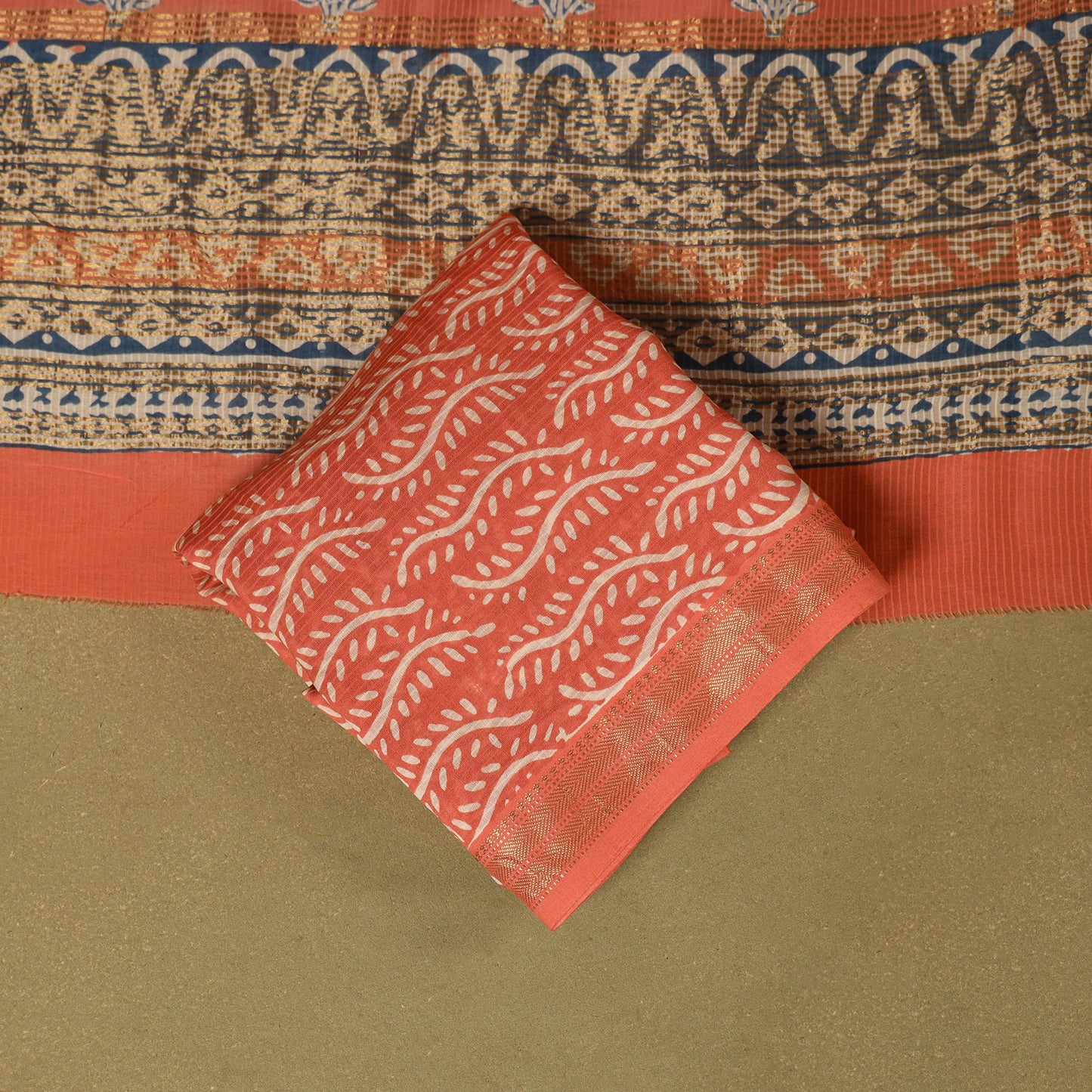 Red 3pc Maheshwari Silk Unstitched Bagh Print Dress Material