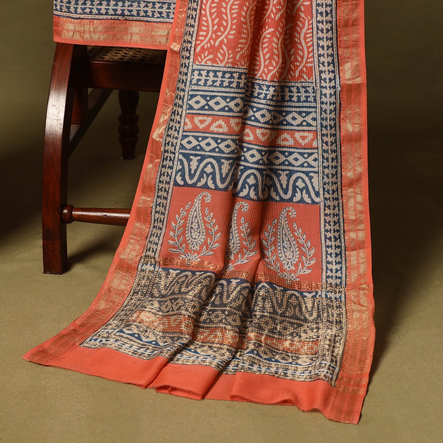 Red 3pc Maheshwari Silk Unstitched Bagh Print Dress Material